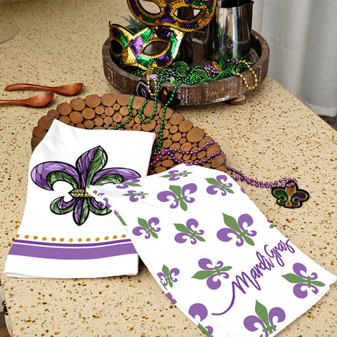 ARKENY Mardi Gras towel dries countertops and spills with microfiber softness.