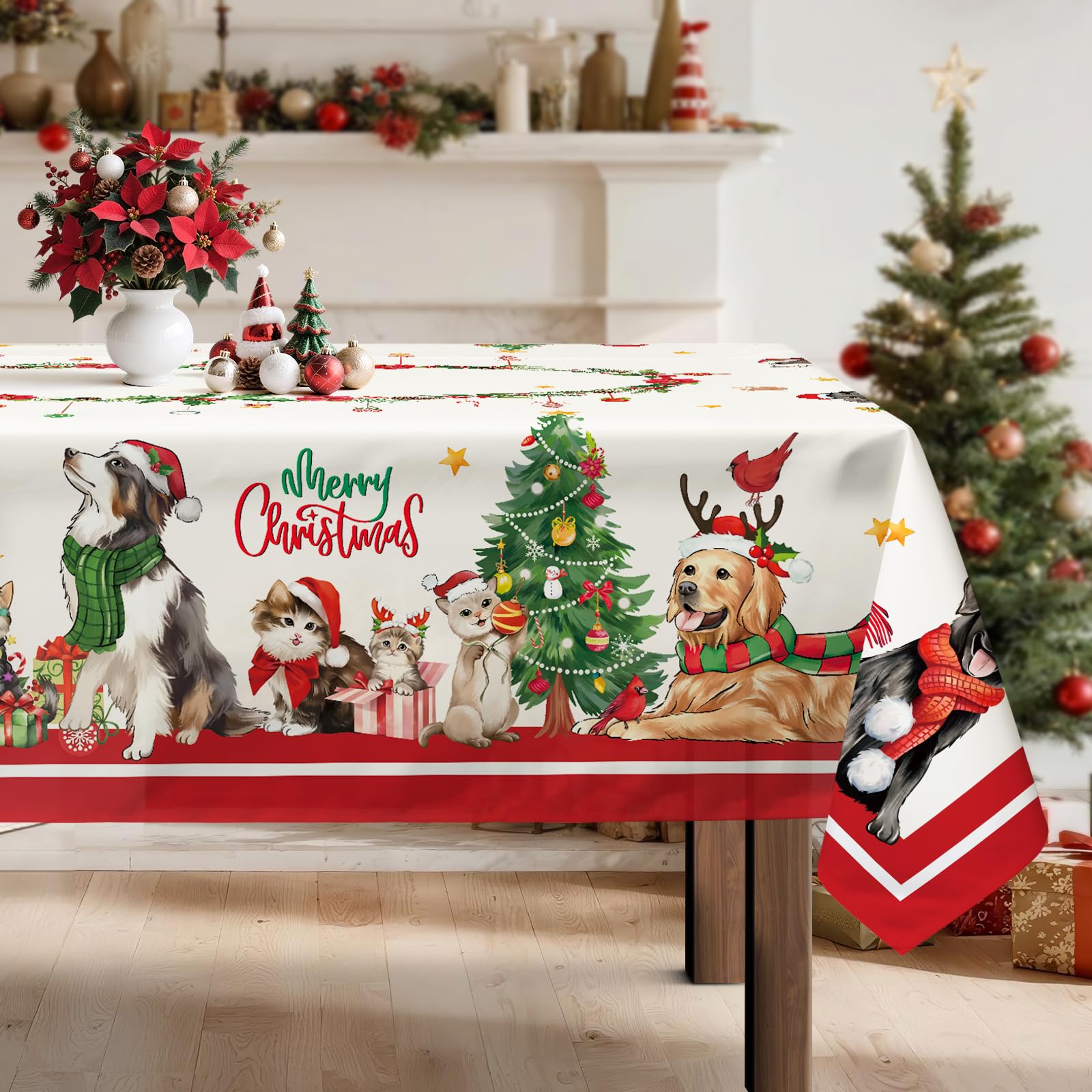 Arquiel Christmas Cats Dogs Tablecloth in red on a dining table, festive scene