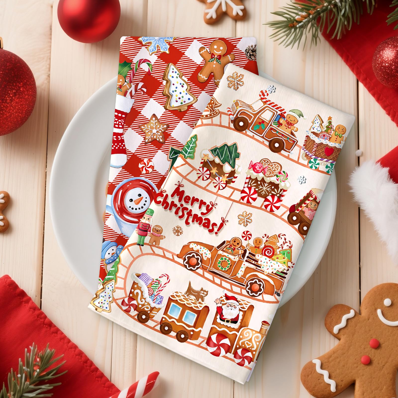Arquiel gingerbread towel showing holly and oven-side display, holiday vibe