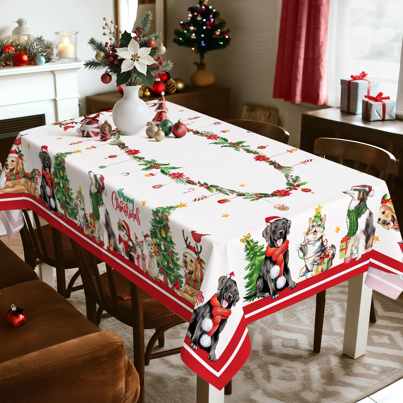Elegant red pattern tablecloth by Arquiel adds holiday charm
