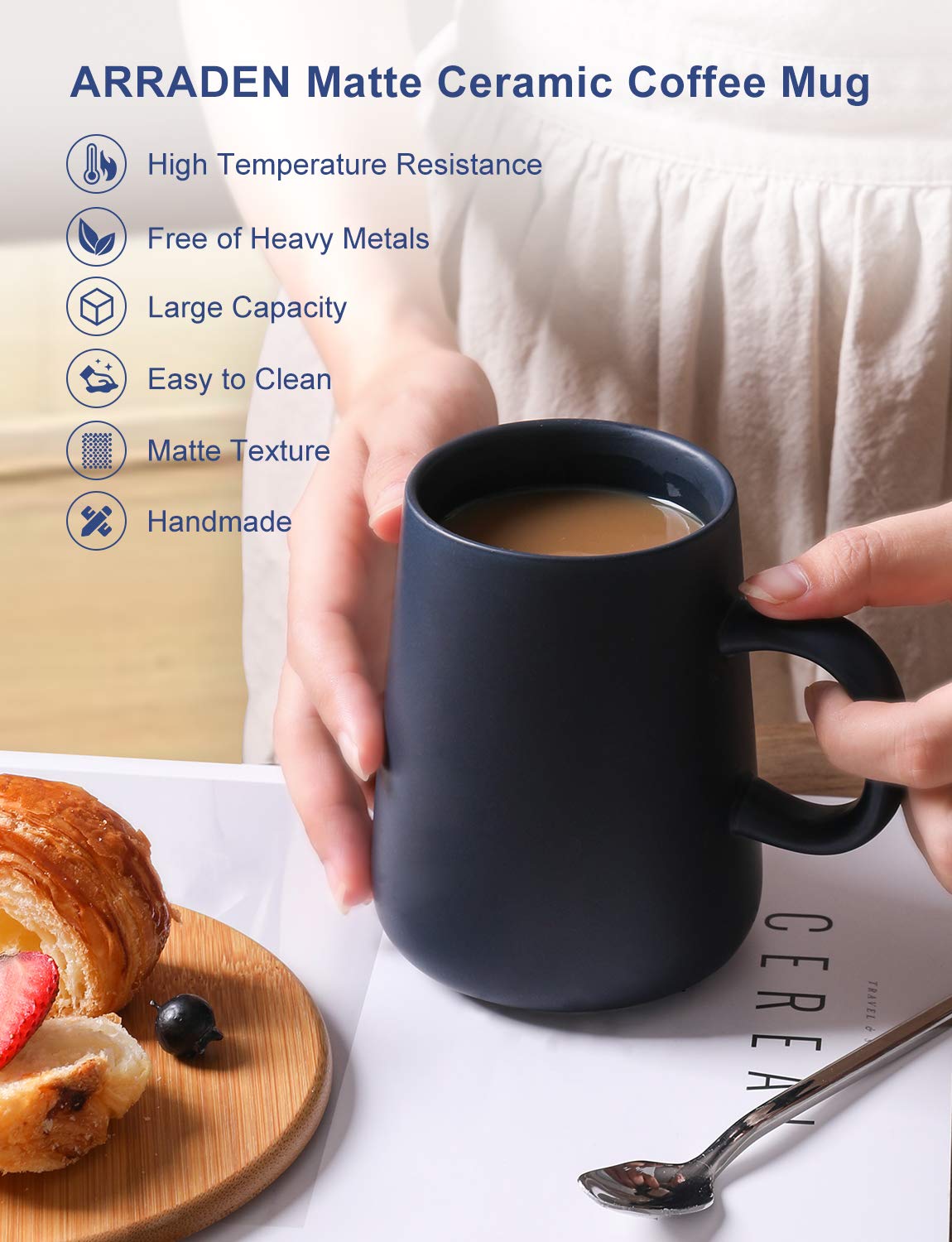 ARRADEN mug handle close-up shows the comfortable C-shaped grip.