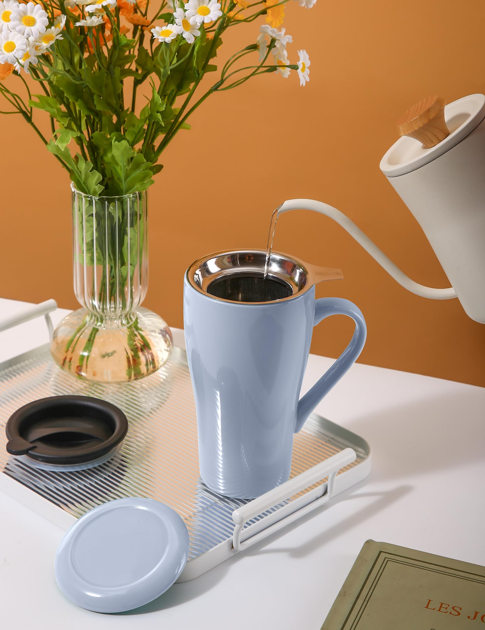 ARRADEN lilac ceramic lid on tea cup for serving or resting infuser.