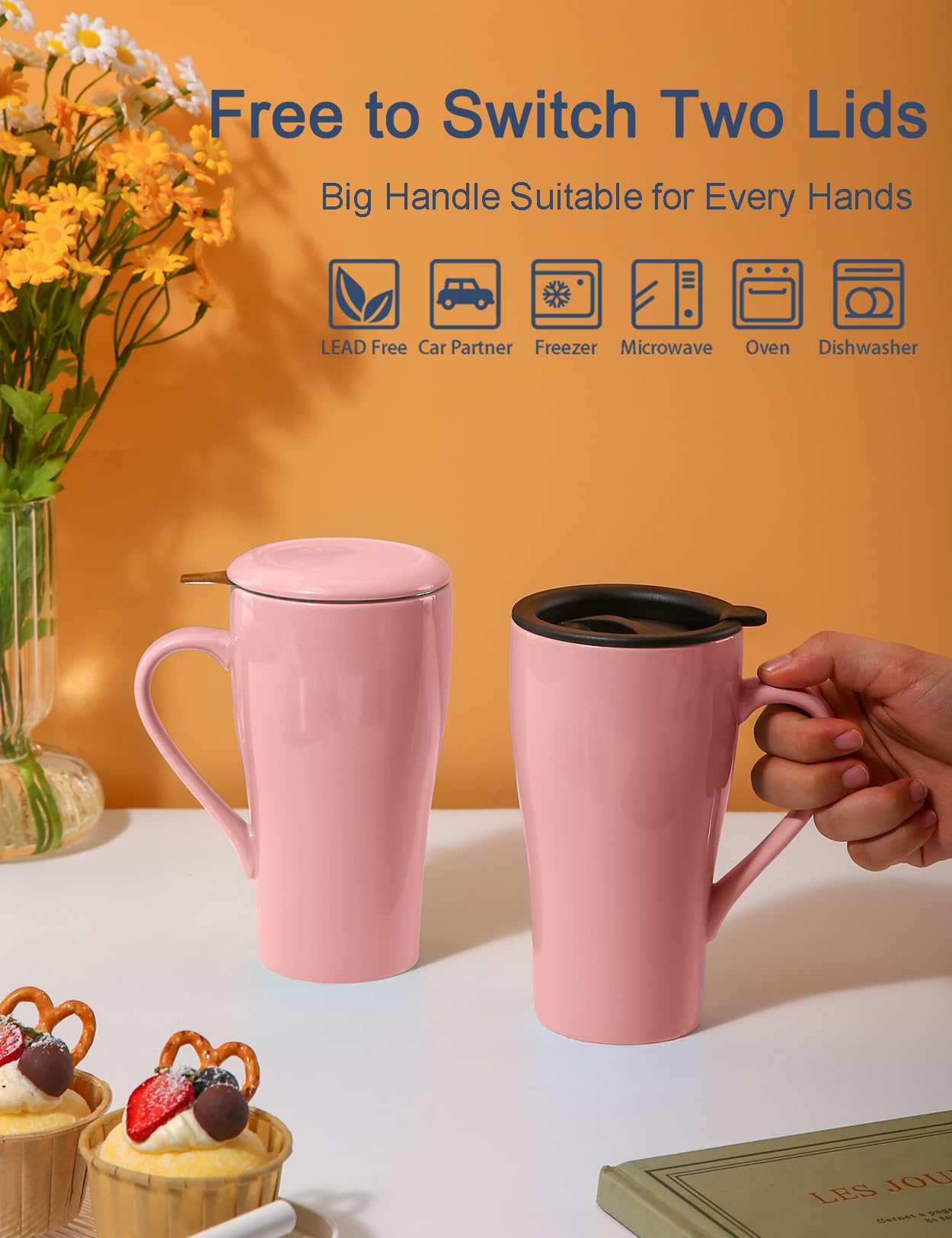 ARRADEN Tea Cup pink lid showcases dual lids for versatile brewing and storage.