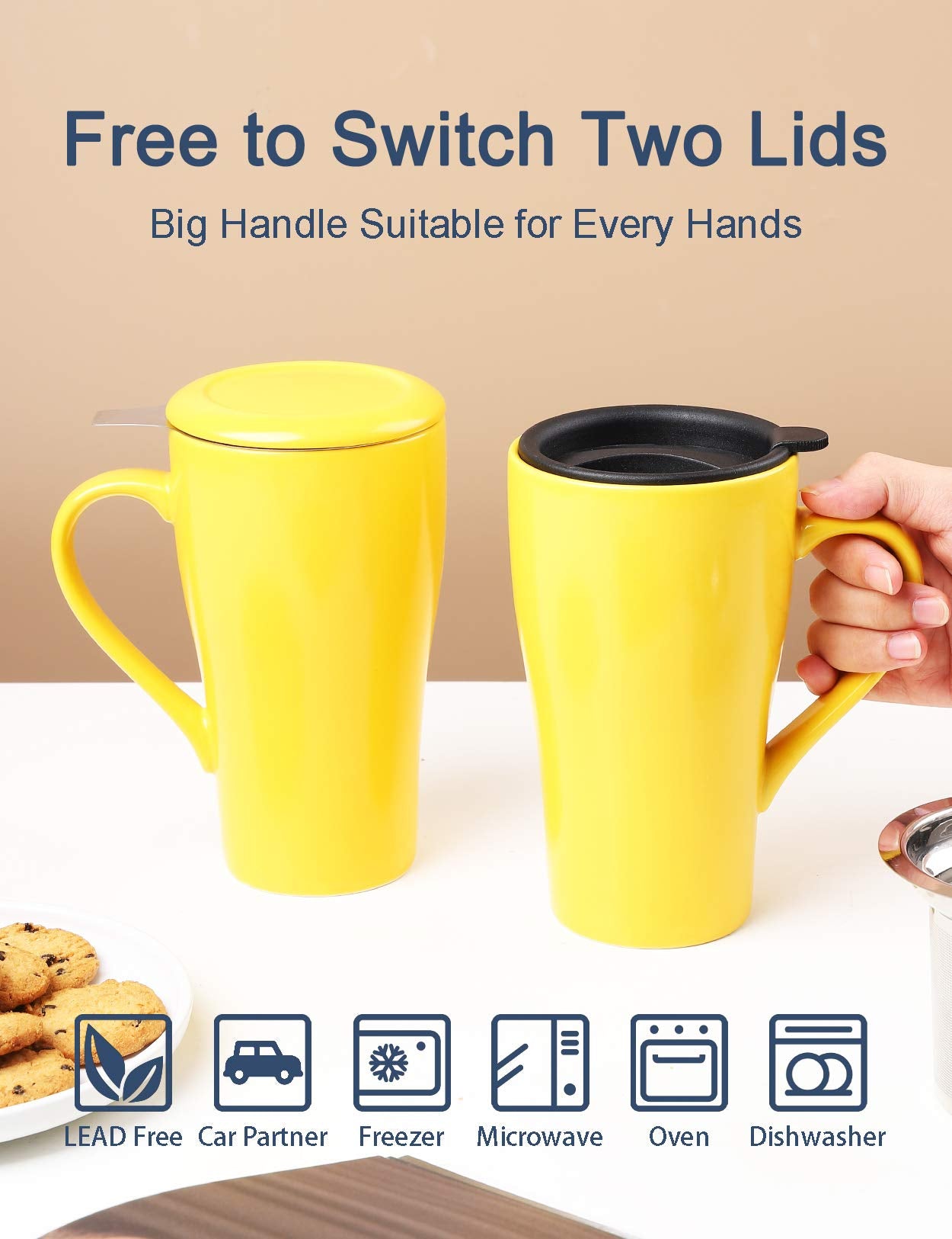 ARRADEN tea mug with two lids design for home and travel use