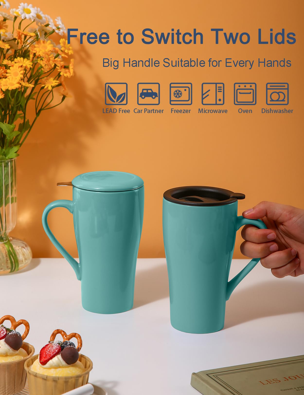 ARRADEN tea mug with ceramic lid and saucer for tidy presentation