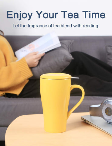 ARRADEN ceramic travel mug in yellow with ergonomic handle and ceramic lid