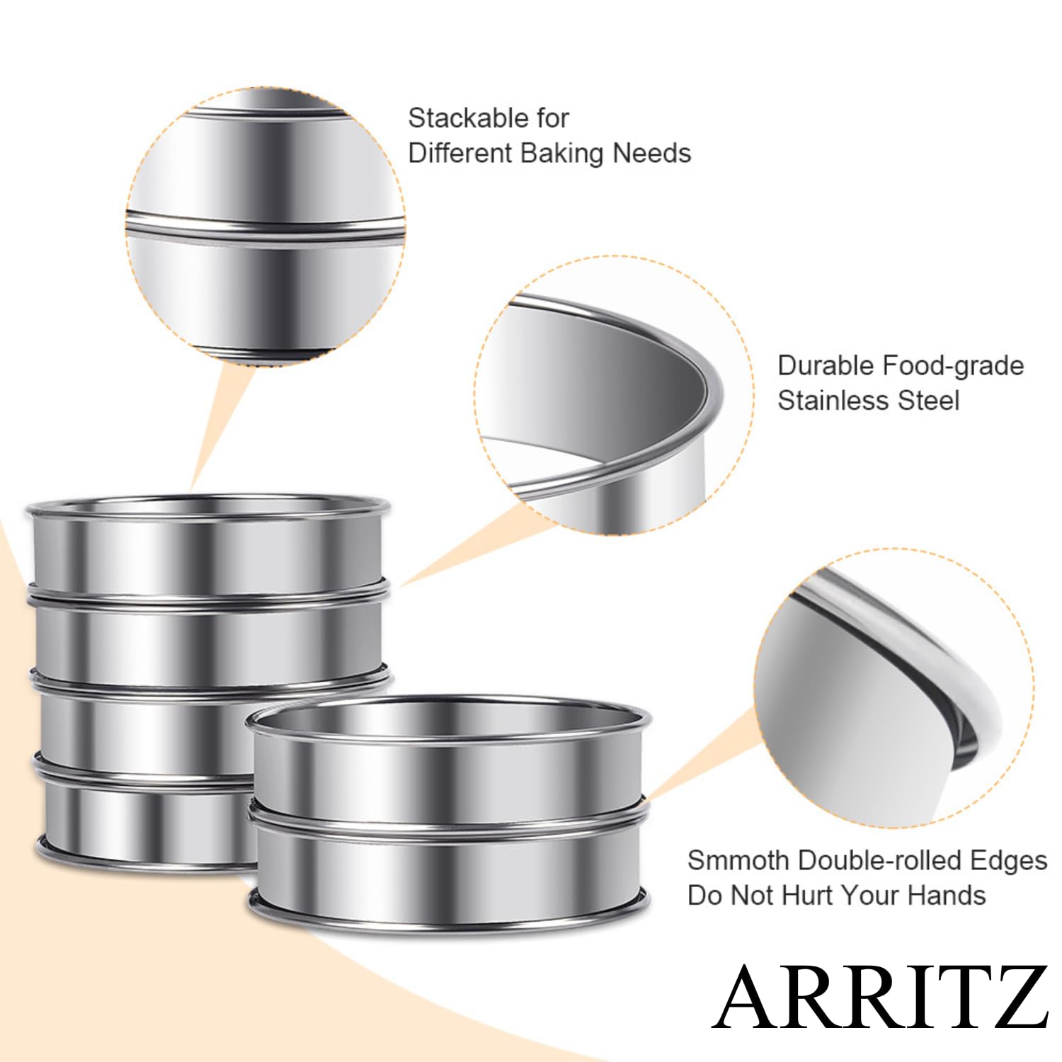 ARRITZ versatile baking ring molds for tarts, cakes, burgers, and eggs.