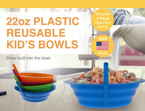 Arrow Sip-A-Bowl set features attached straw for spill reduction at meals.