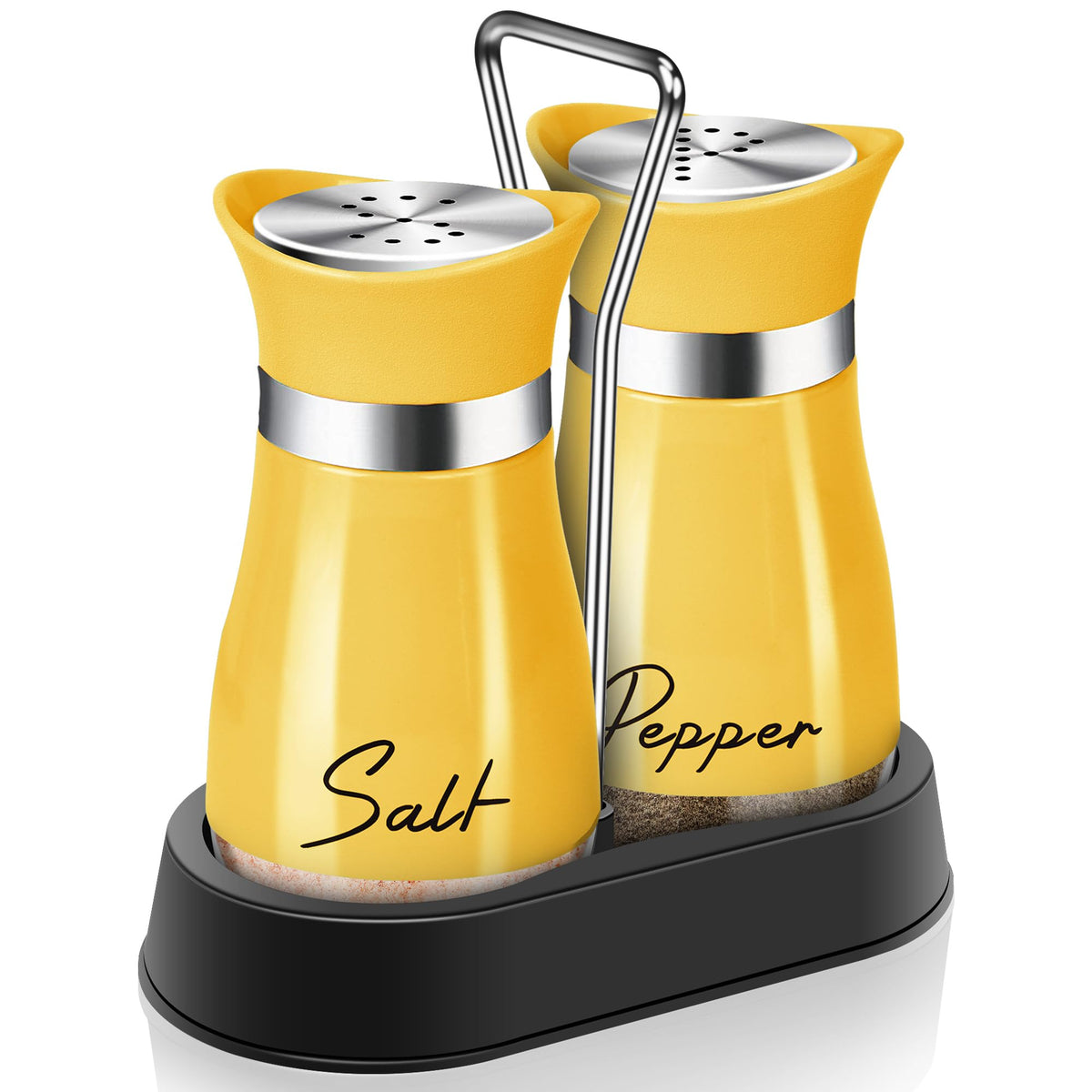 Arrozon yellow salt and pepper set with holder on the counter for easy transport.