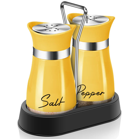 Arrozon yellow salt and pepper set with holder on the counter for easy transport.