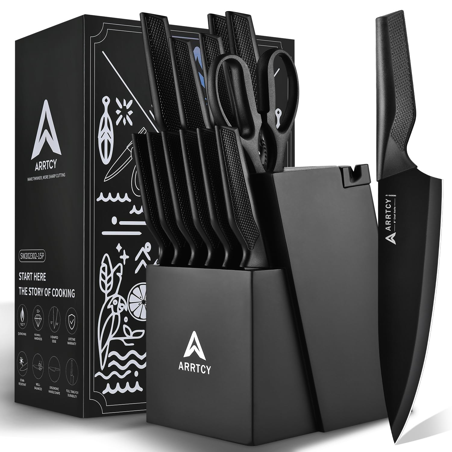 Arrtcy knife-set-with-block for organized storage and precision slicing