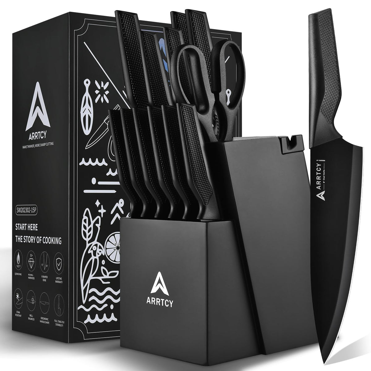 Arrtcy knife-set-with-block for organized storage and precision slicing