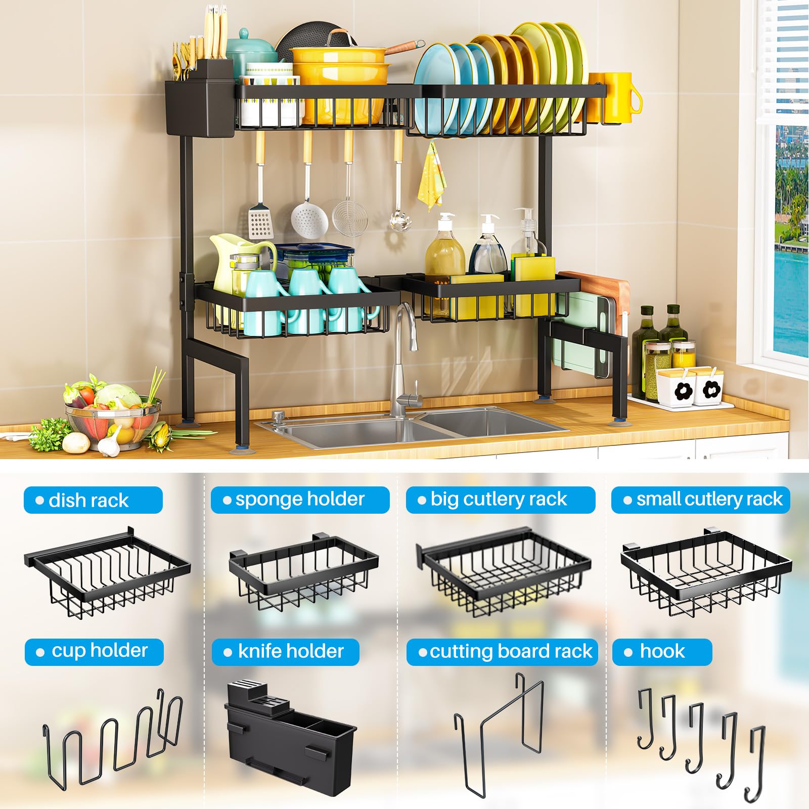 ARSTPEOE extendable-length rack demonstrates fit for various sink widths and setups
