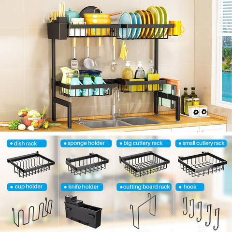 ARSTPEOE extendable-length rack demonstrates fit for various sink widths and setups