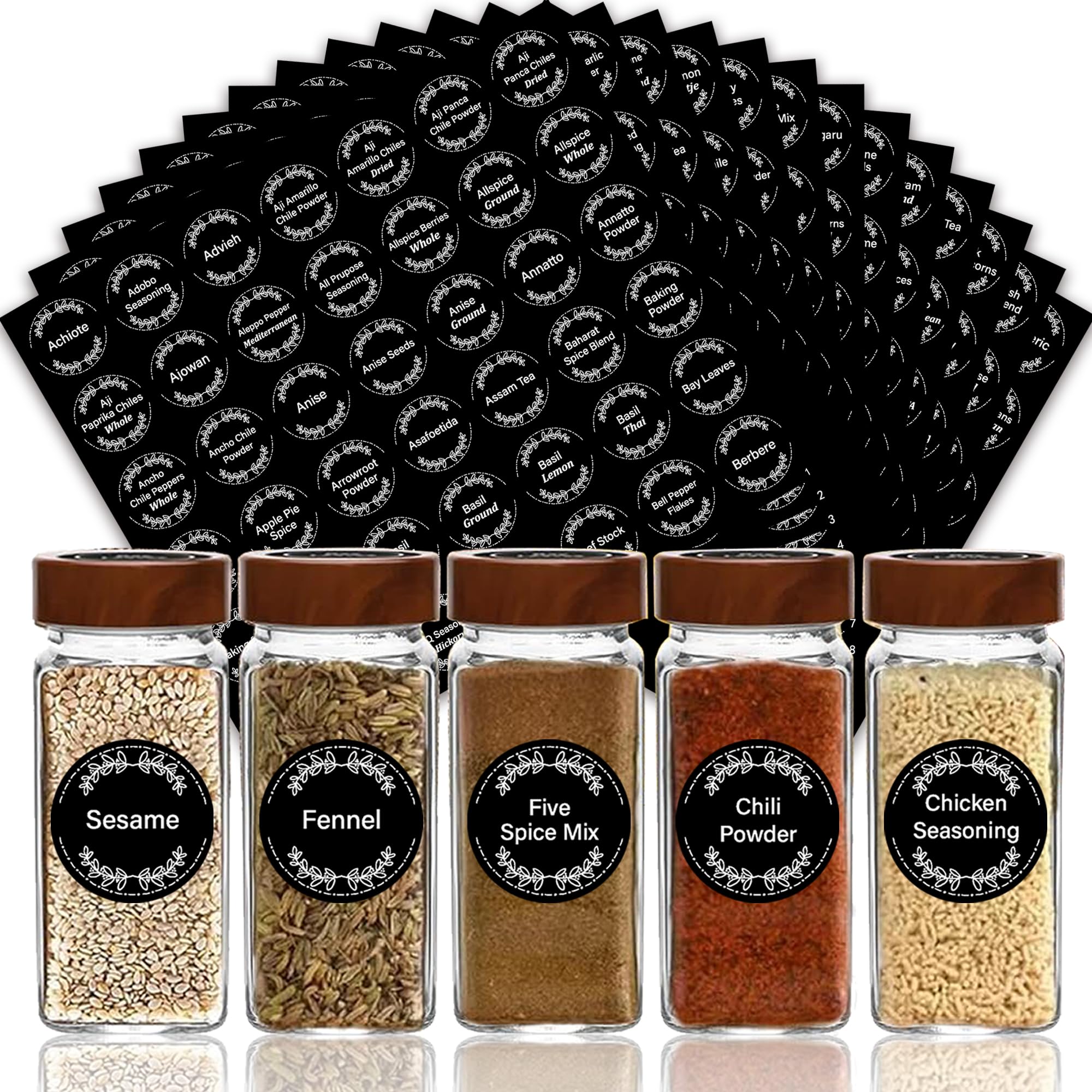 Art Secret 672 preprinted spice labels on jars for organized pantry labeling.