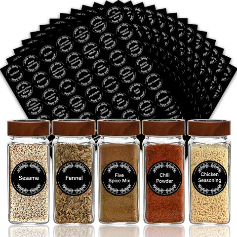 Art Secret 672 preprinted spice labels on jars for organized pantry labeling.