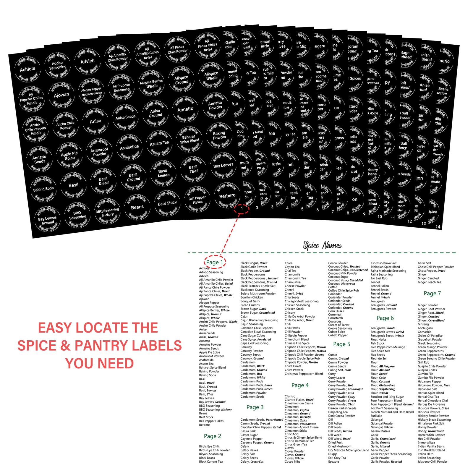 Art Secret minimalist black round spice labels on jars.