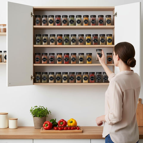 Art Secret organized kitchen with labeled jars and drawers.