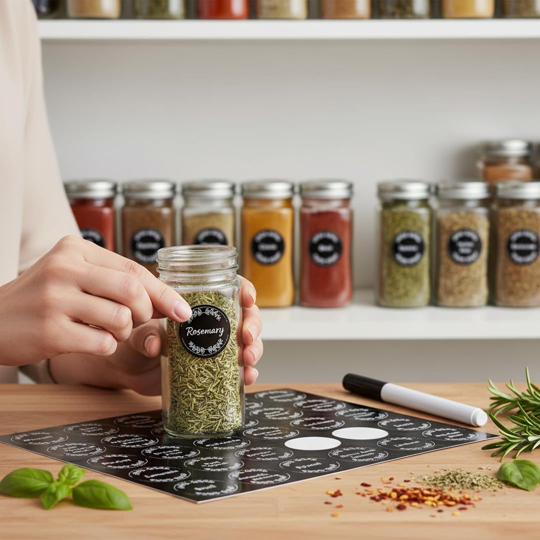Art Secret universal 1.2-inch round labels fit standard spice jars.