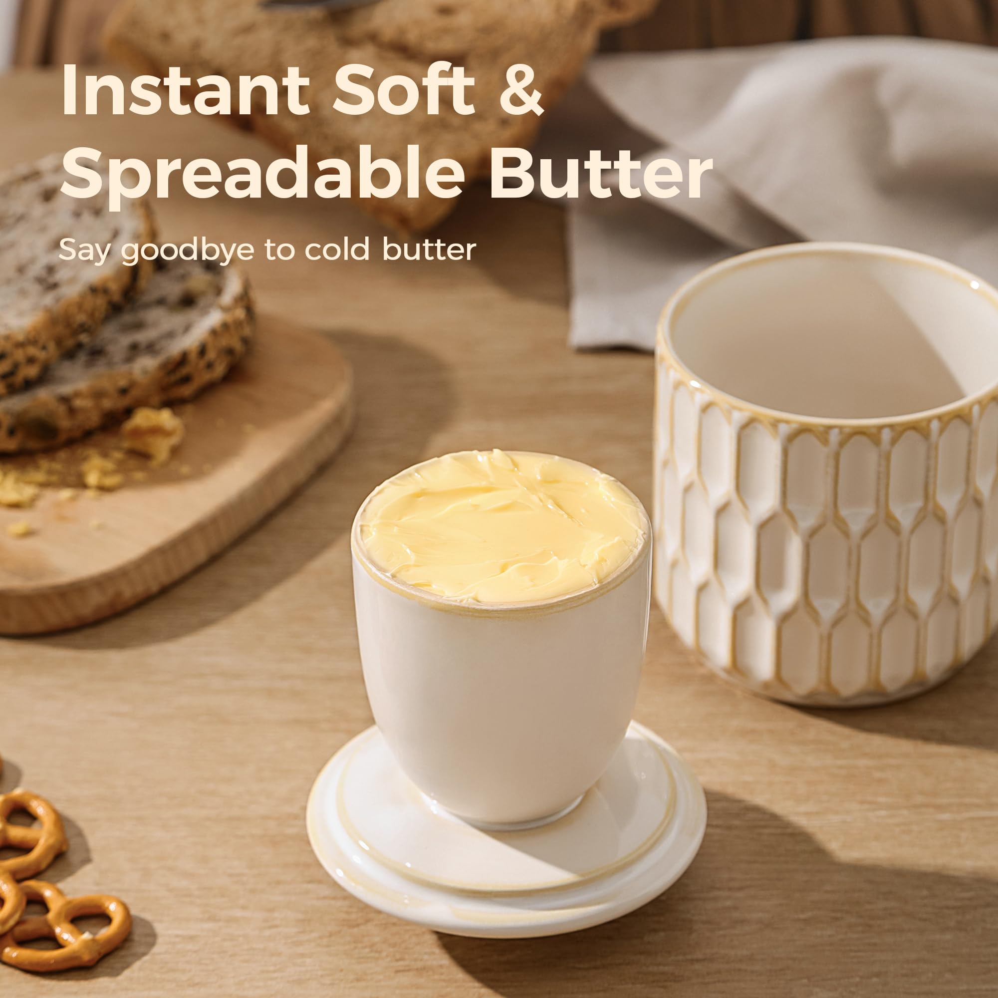 ArteBake butter crock lid detail showing easy access to softened butter.