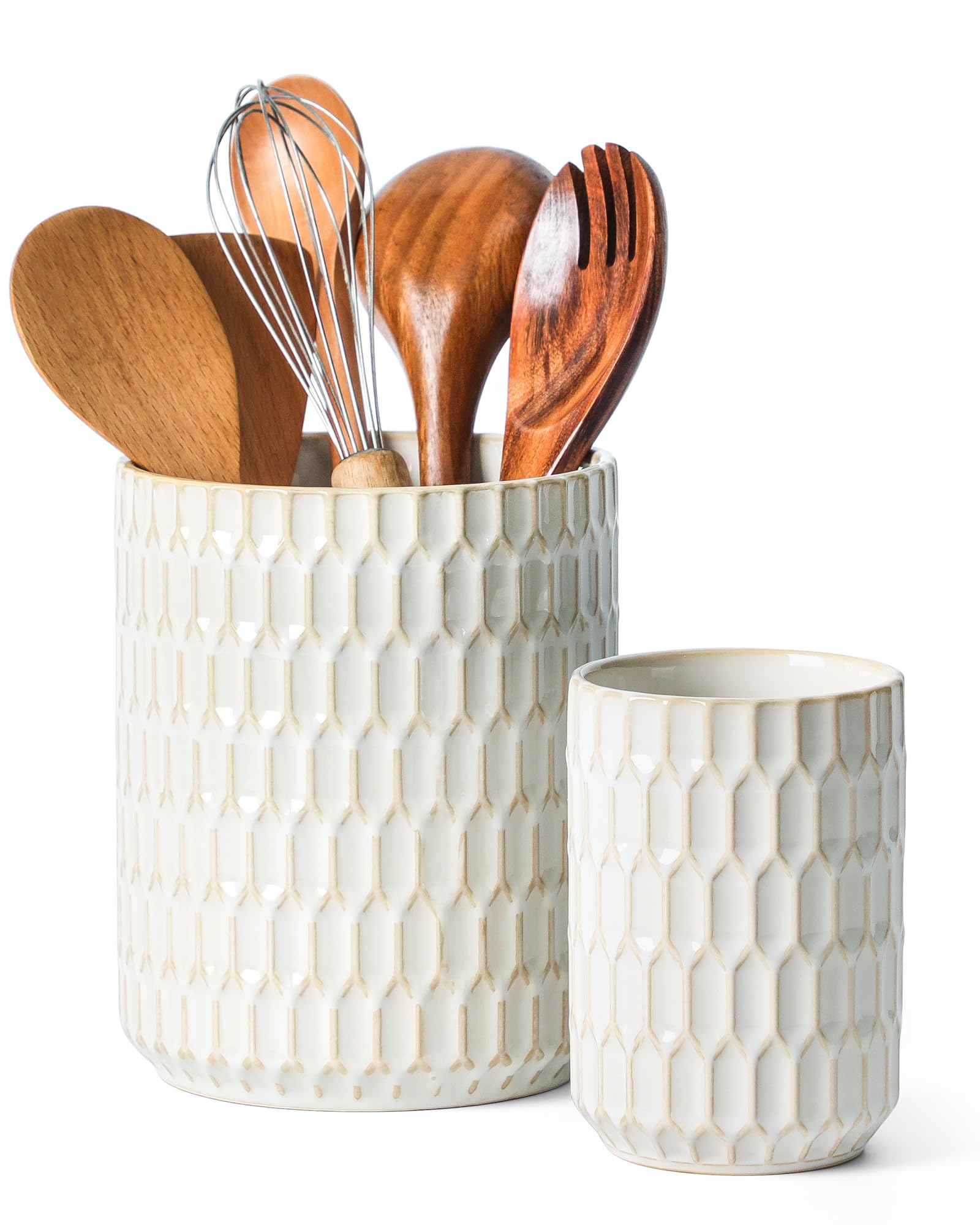 ArteBake utensil holder large beige on the counter keeps bulky tools organized and within reach.