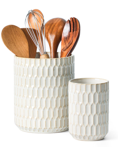 ArteBake utensil holder large beige on the counter keeps bulky tools organized and within reach.