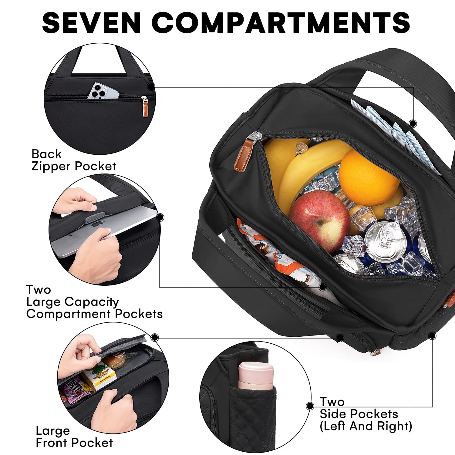 Artelaris insulated lunch bag side pockets, space for bottles and umbrella.