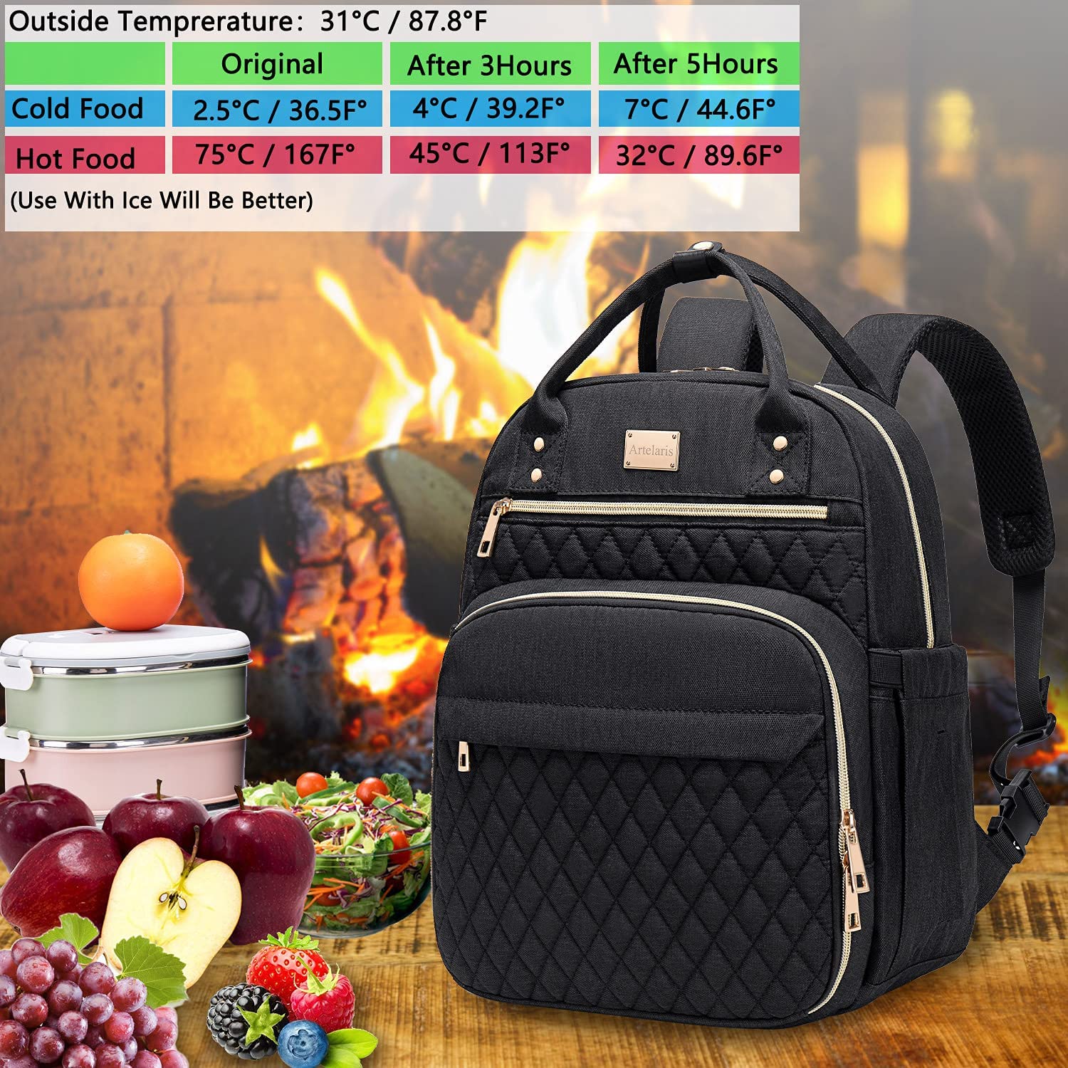 Artelaris lunch backpack outer pocket for quick utensils or notes on the move.