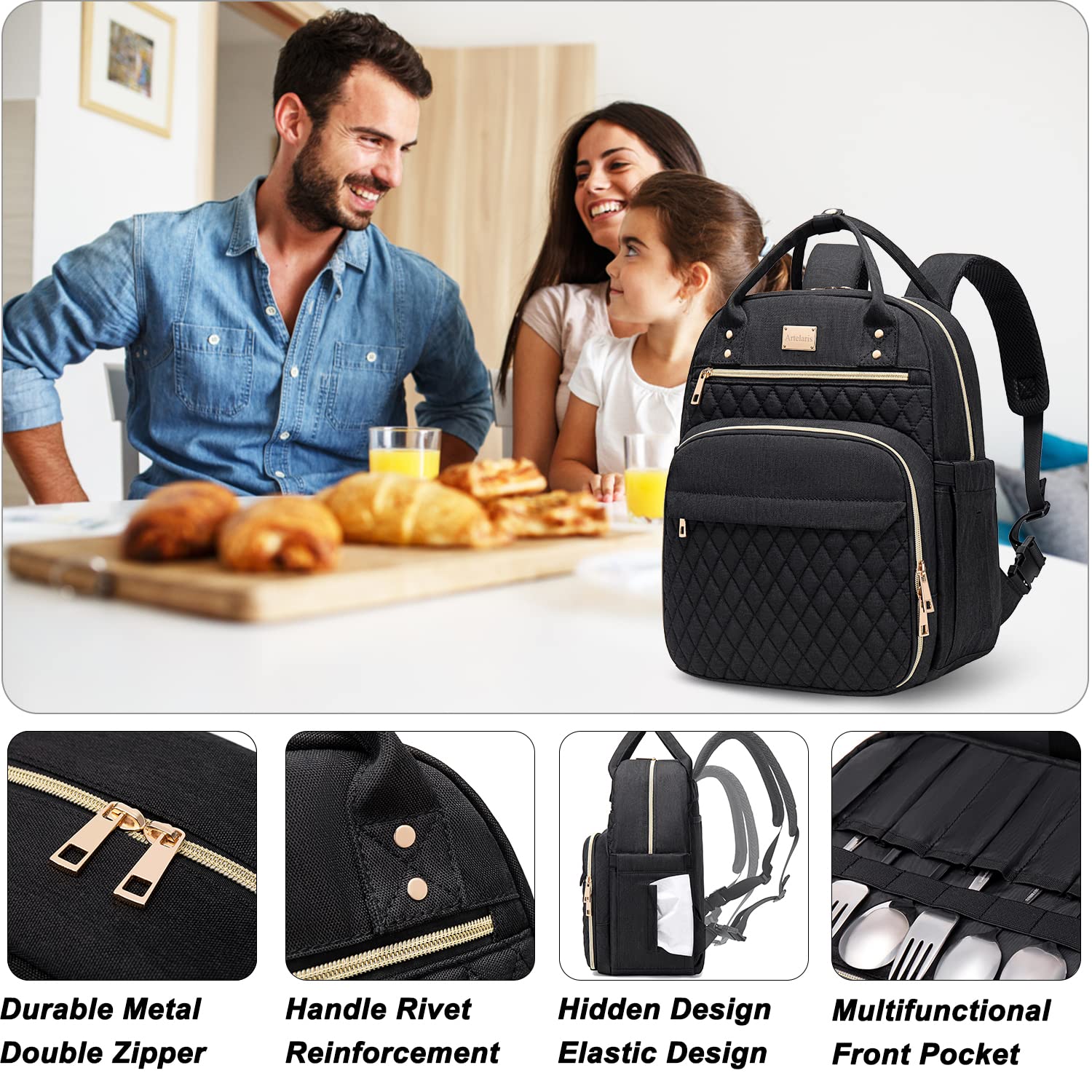 Artelaris lunch backpack side view highlights side pockets for snacks and bottles.