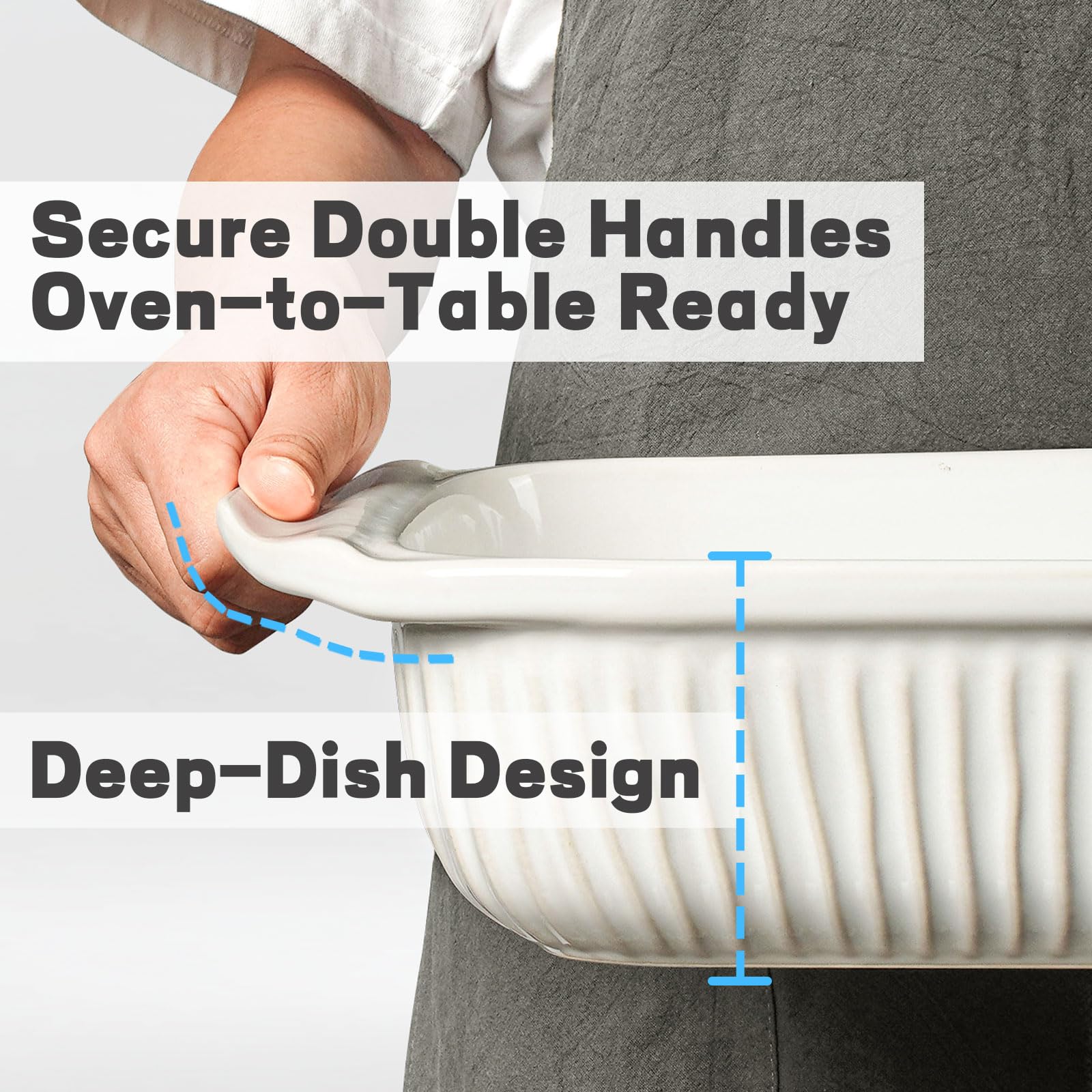 Artena baking dish wide handles for easy oven-to-table transfer.