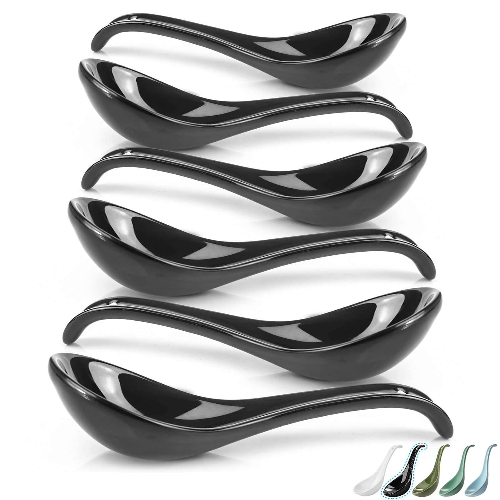 Artena black ramen spoons with deep bowls for pho and miso, easy broth scooping.