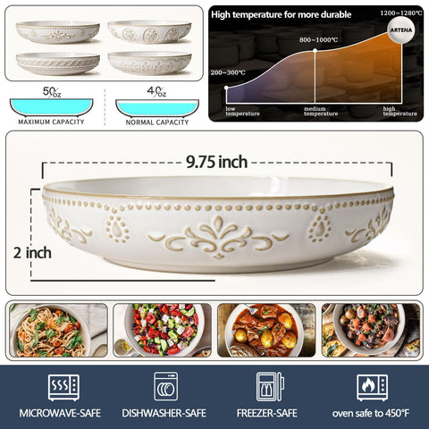 Artena damask floral embossing adds visual warmth to pasta and soups