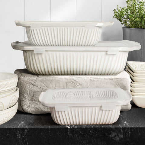 Artena casserole dish with lid ready for storage and serving.