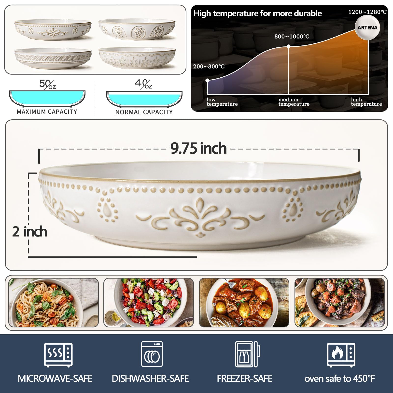 Artena embossed ceramic pattern adds visual interest to meals.