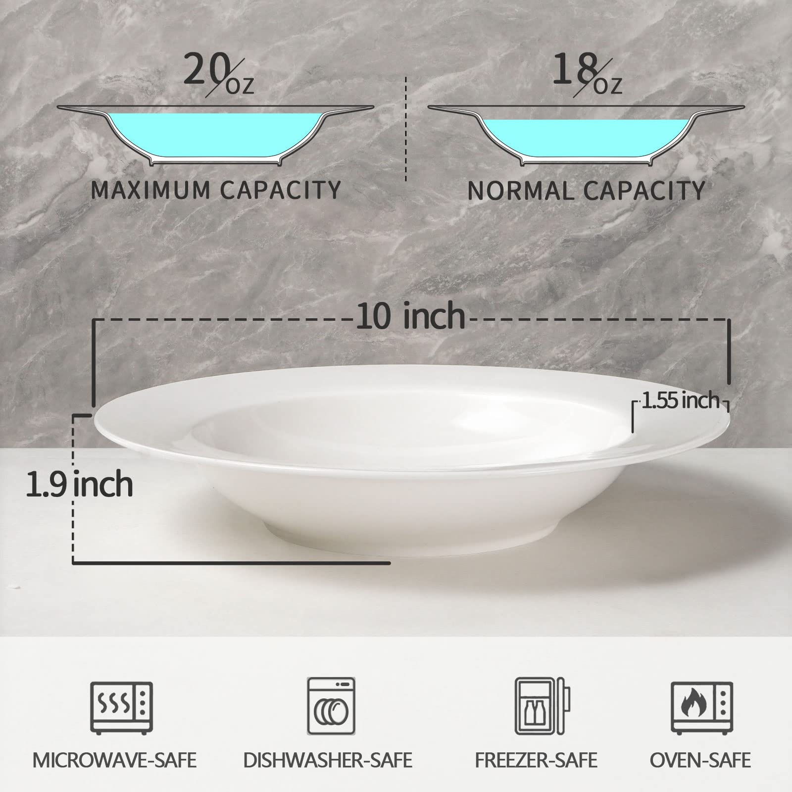 Artena white deep 20oz pasta bowls for hearty servings.