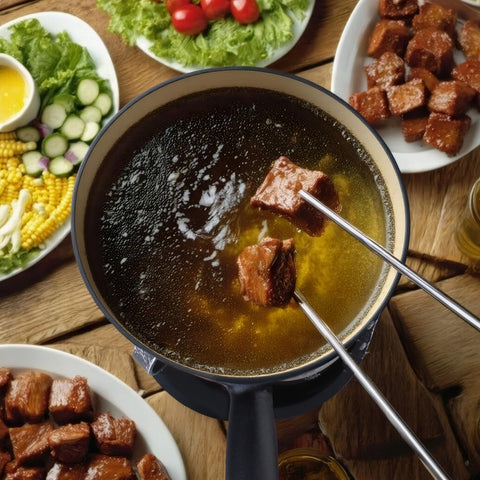 Artestia fondue burner in action supporting steady heat for smooth melting.