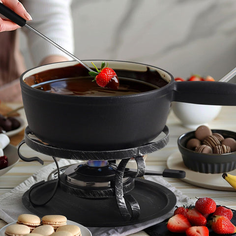 Artestia fondue set assembled on table ready for cheese and chocolate.