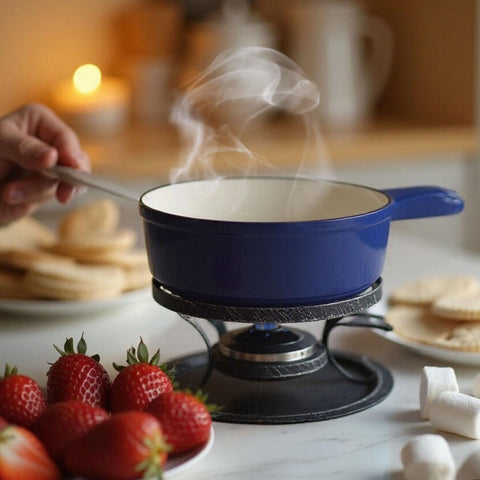 Artestia blue fondue pot on table during family gathering