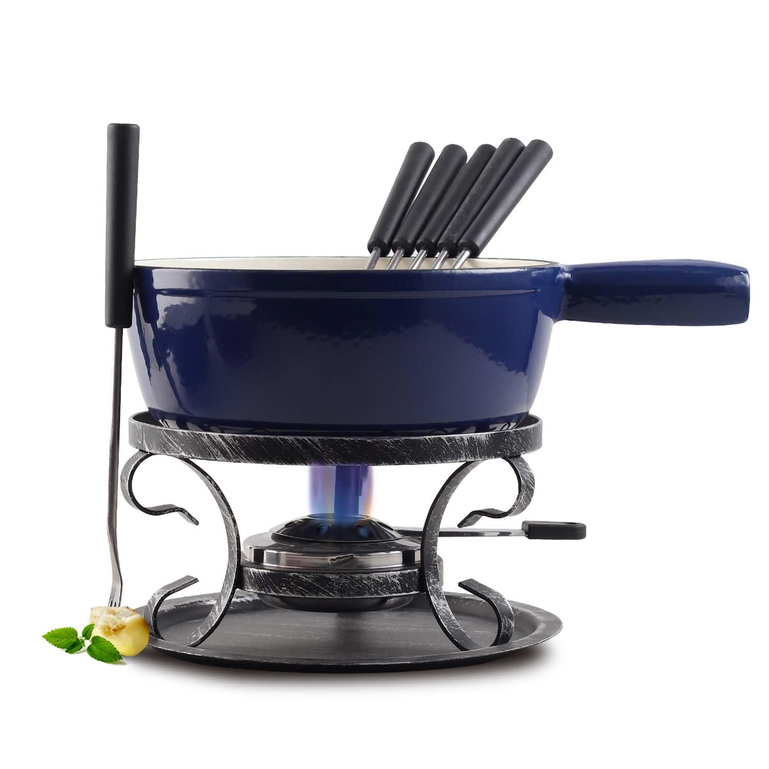 Artestia Swiss fondue set cast iron 2L on table for even heat distribution