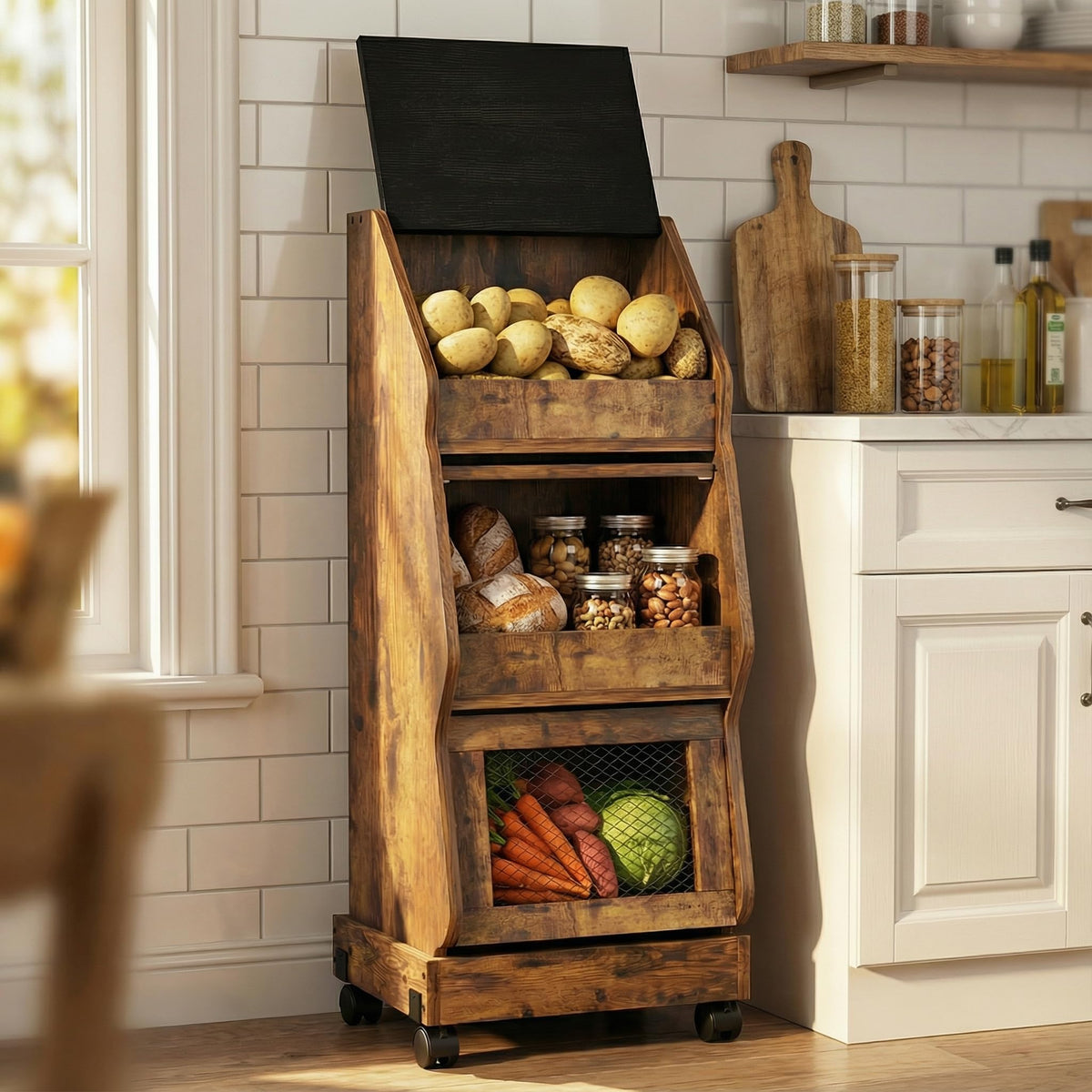 ARTETHYS potato storage bin with lid and wheels for easy pantry access