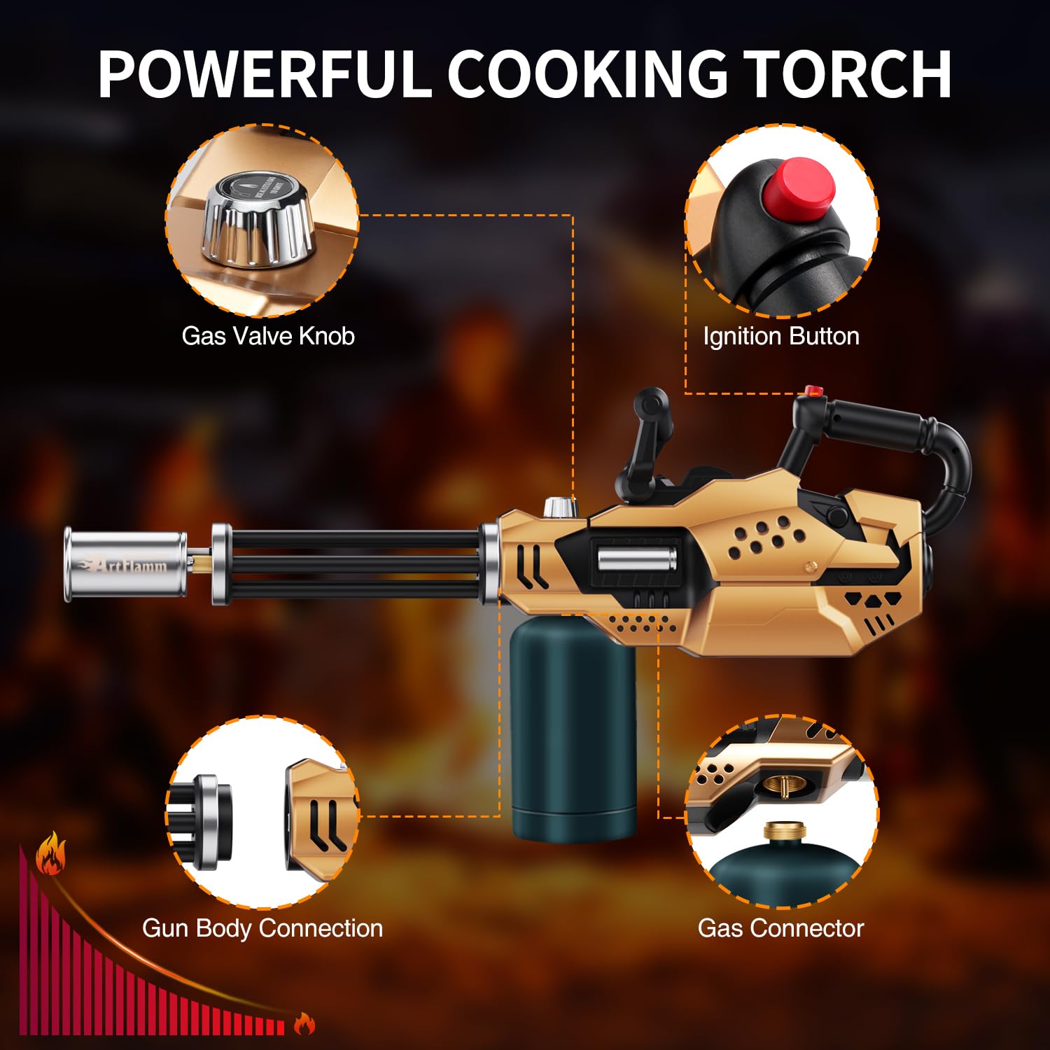ARTFLAMM torch flame control top knob demonstrates precise flame sizing.