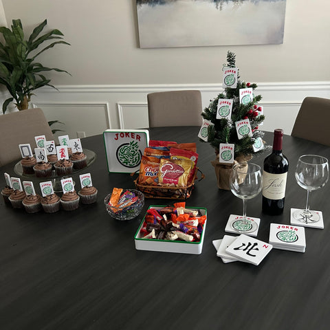 Artful 3D Mahjong coasters set on table; stylish game-night decor.