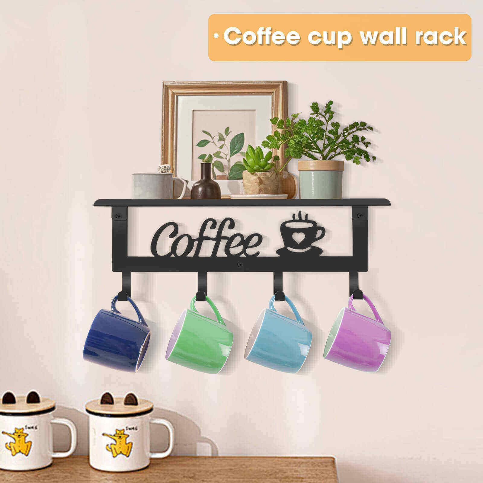ArtHue mug hanger with floating shelf saves counter space while displaying mugs elegantly