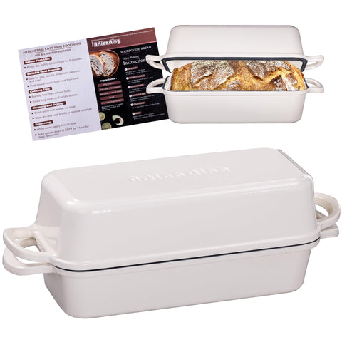 Articasting 11x5 loaf pan with lid for sourdough, crispy crust and tender crumb.