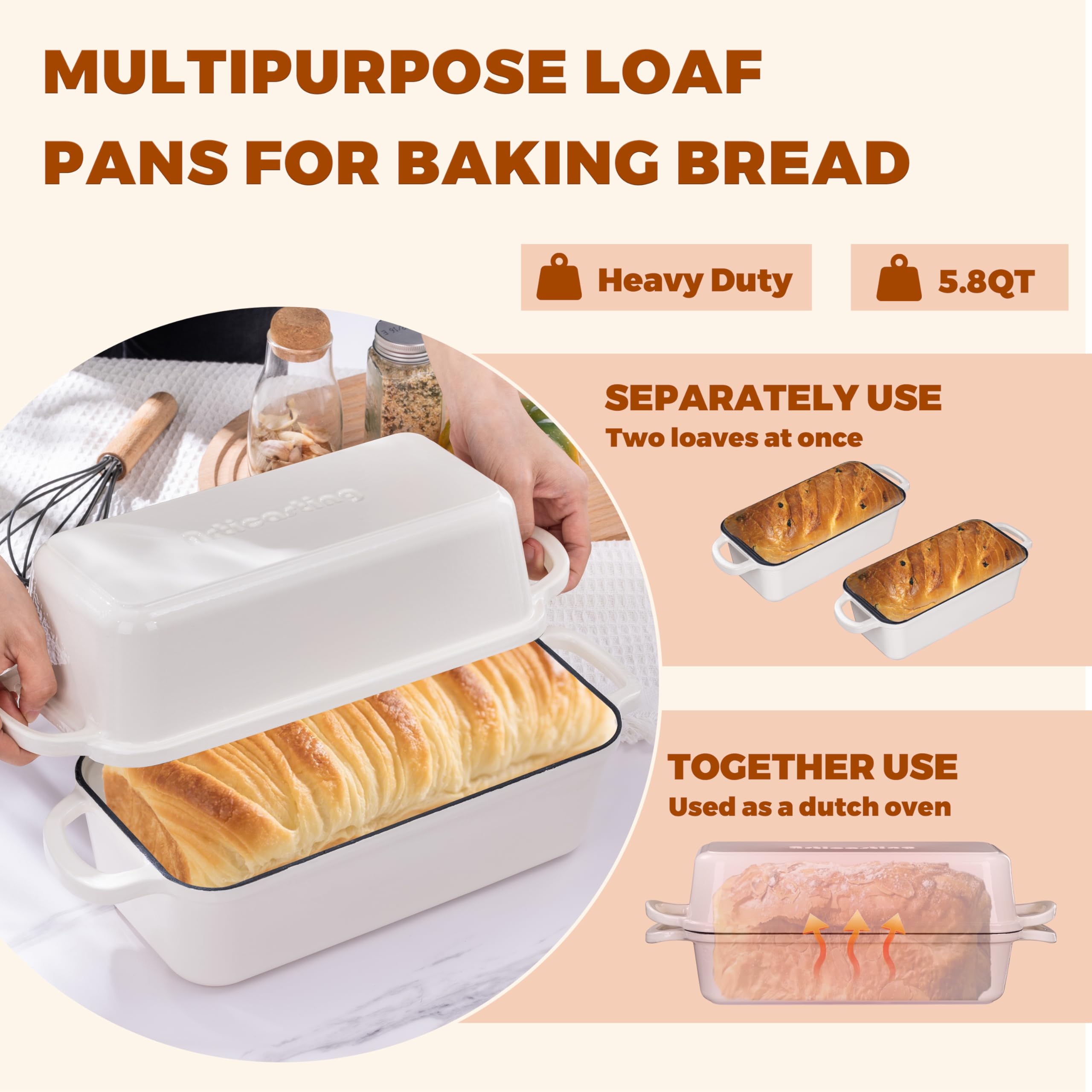 Articasting cream white cast iron bread pan with lid for even heat.