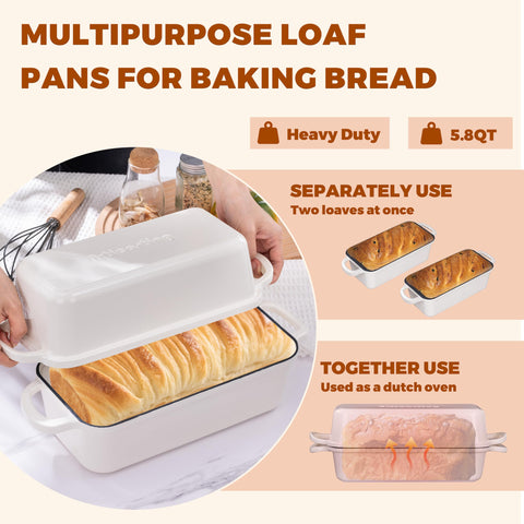 Articasting cream white cast iron bread pan with lid for even heat.