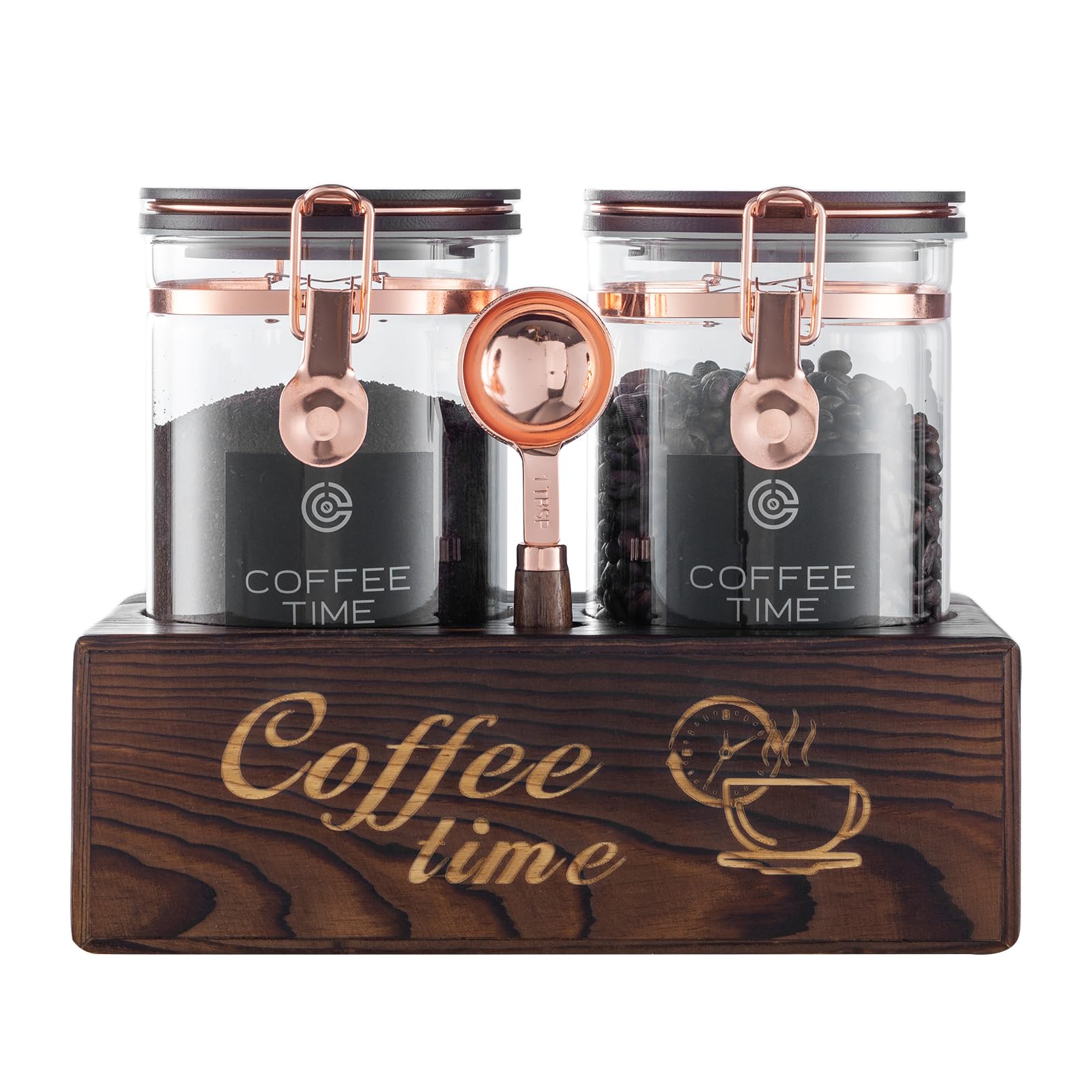 Artiform coffee storage jar with wooden stand keeps beans visible and organized.