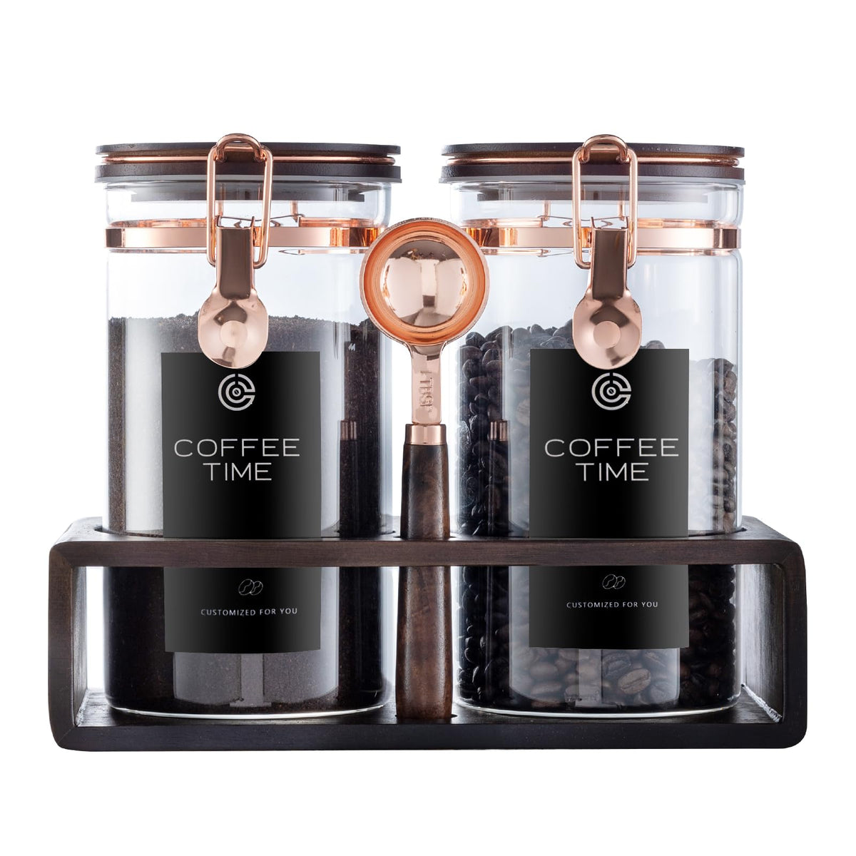 ARTIFORM glass coffee jar set on a wooden stand for organized storage.
