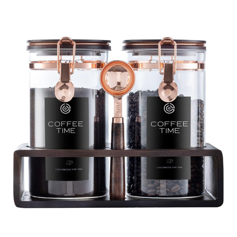 ARTIFORM glass coffee jar set on a wooden stand for organized storage.