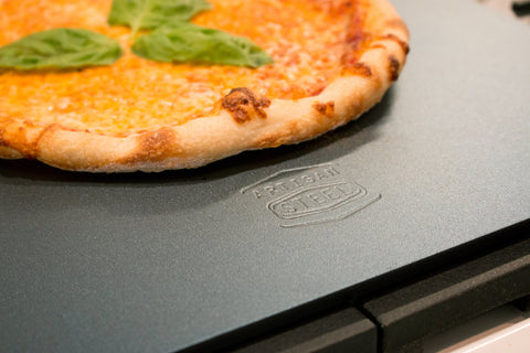 Artisan Steel pizza steel 16x14 top view for even heat transfer and crispy crust.